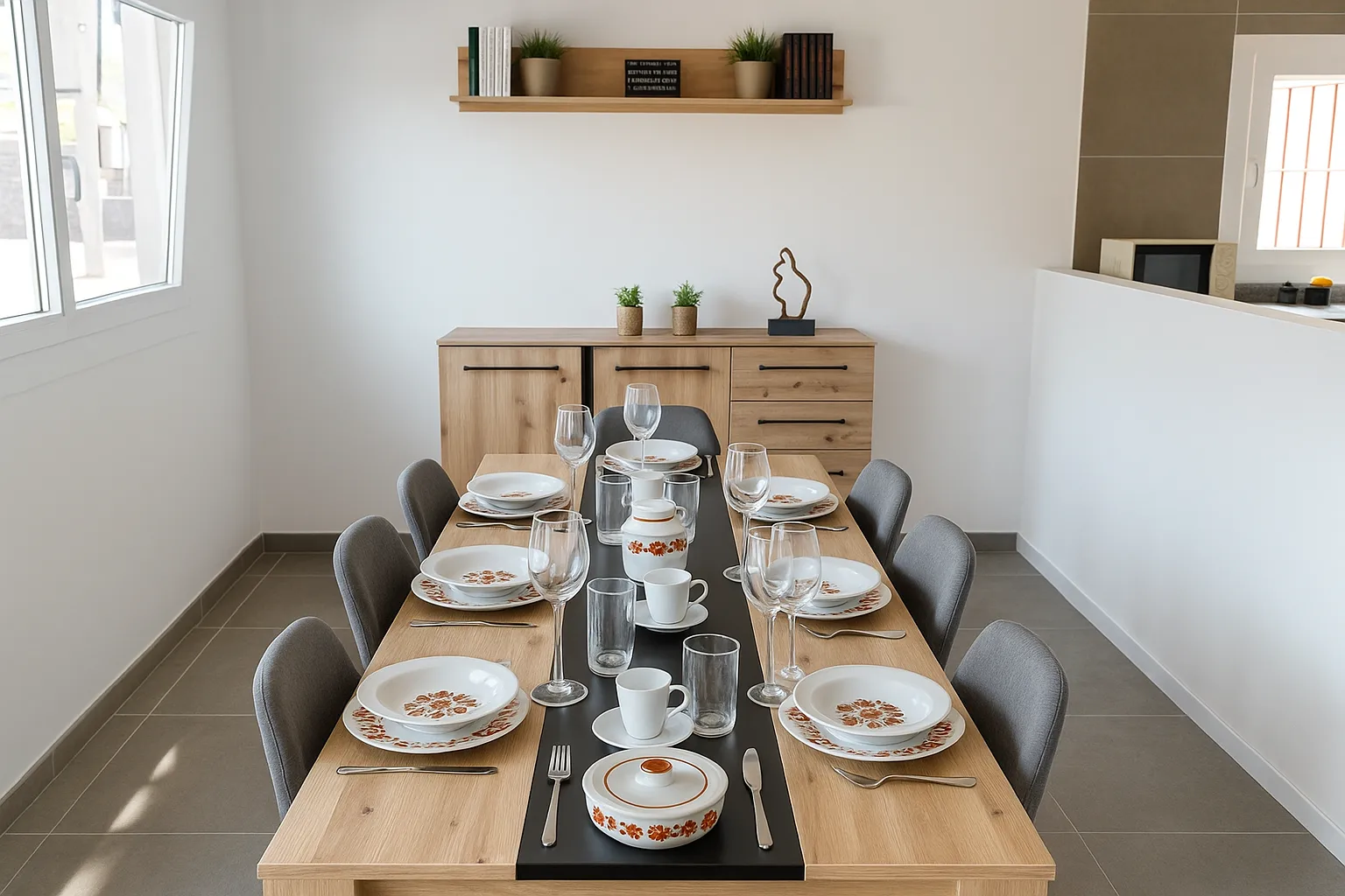 Salón amplio preparado para seis personas